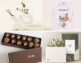 Collage of four thank you gifts: XO-shaped vases, charm bracelet, potted succulent, chocolate-covered strawberries