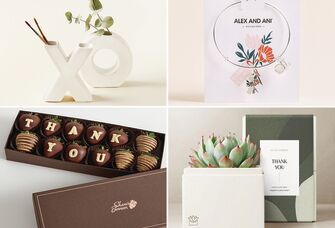 Collage of four thank you gifts: XO-shaped vases, charm bracelet, potted succulent, chocolate-covered strawberries