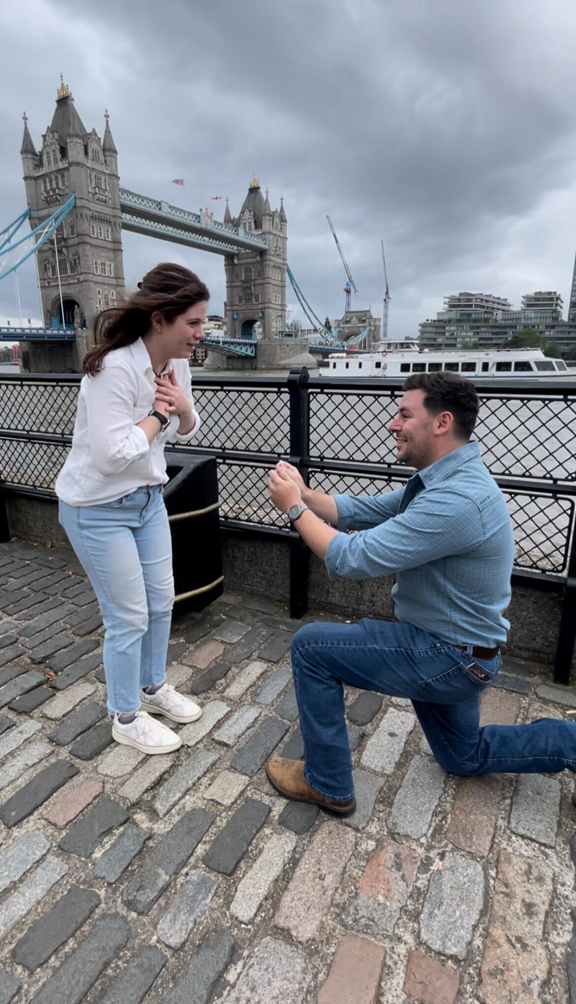 Jack proposed in London with the Tower Bridge as the backdrop.