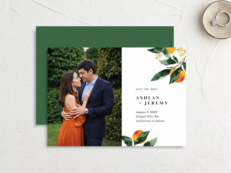Personalized photo on left, event details and orange graphics on right