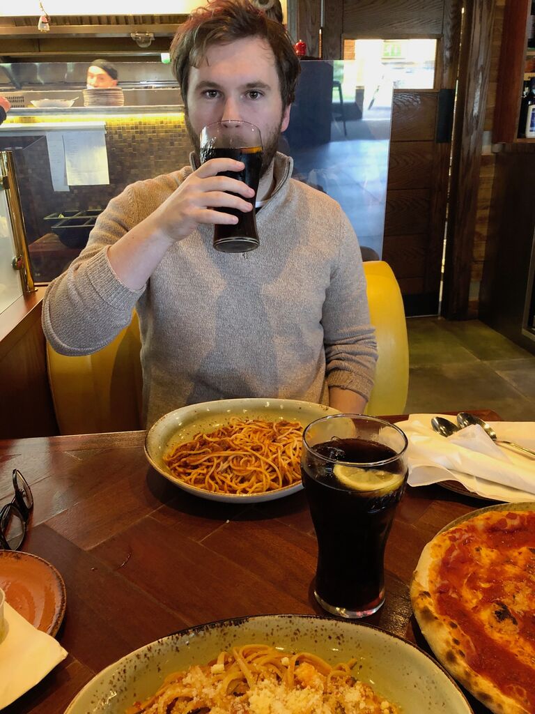 We unofficially moved in together during lockdown. This was our first meal out, Innes looking like a caveman as hairdressers still hadn't opened!