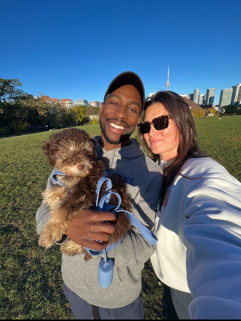 Chloe and Kevon get their beloved Mini Whoodle, Koski, named after the Duke Soccer Stadium, Koskinen Stadium, where Kevon played all of his games.  The name Cameron, where Chloe played volleyball at Duke, is being reserved for dog #2 ;)