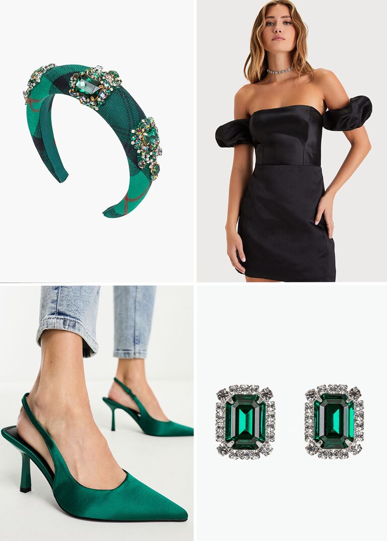 Festive winter engagement photo outfit: green headband, black mini dress, emerald earrings, green heels