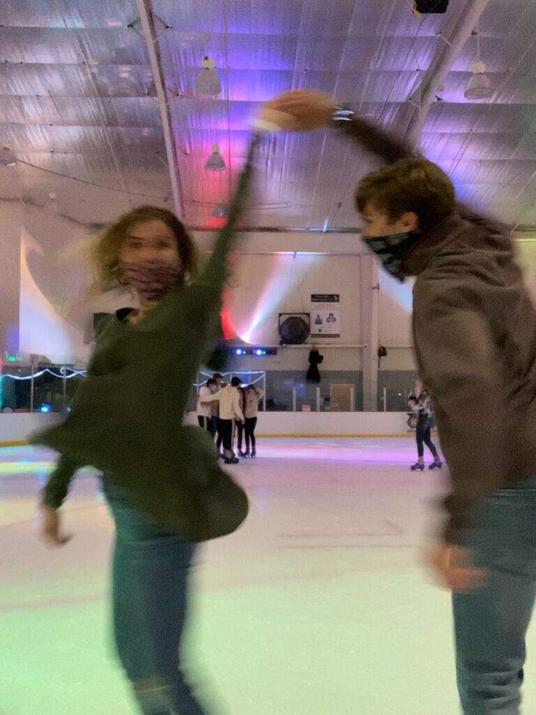 First actual date!

Cole took Reagan to Spirit Ice Rink in College Station during the first semester of our sophomore year. We also went to downtown Bryan and ate at a local restaurant, then rented scooters to zip around the city as the sun set. We are wearing masks in this photo because we think they looked cool, no other reason...