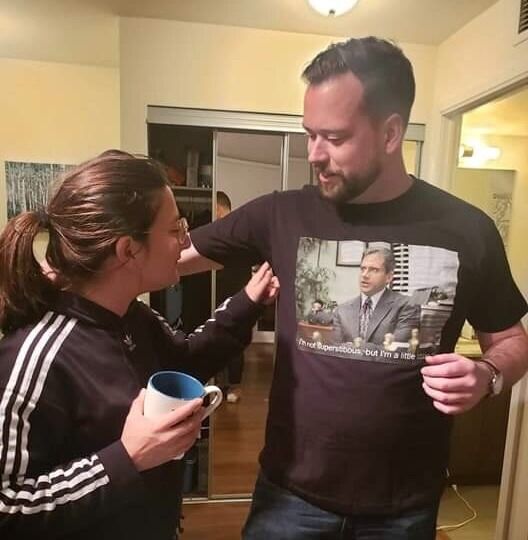 My birthday when we just started dating - Erin got me a shirt! I love it. 

Says "I'm not superstitious but I am a little stitious."