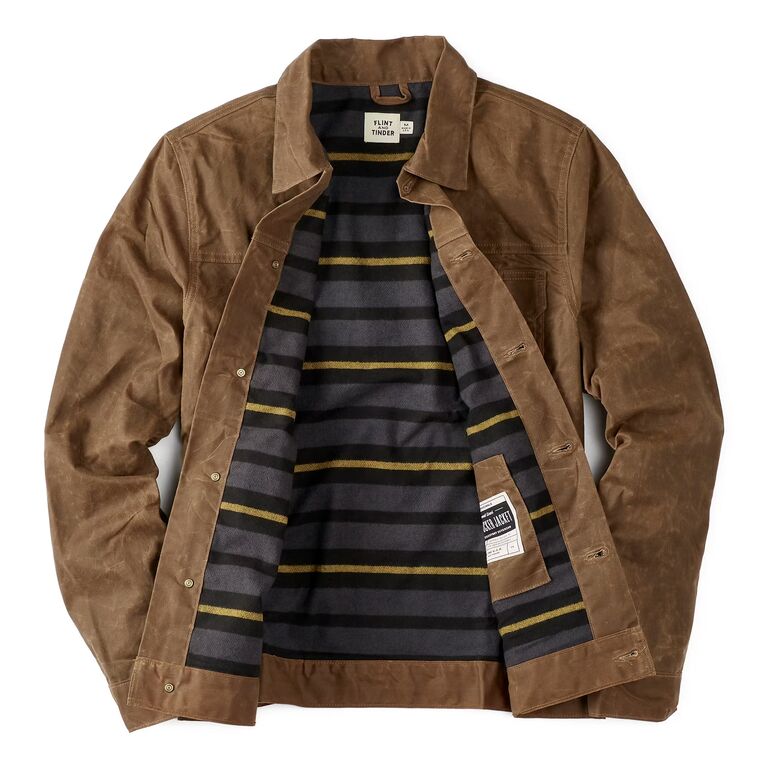 Tan waxed trucker jacket with striped flannel interior anniversary gift for men
