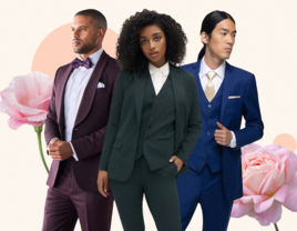 Collage of three people wearing suits with flowers in the background