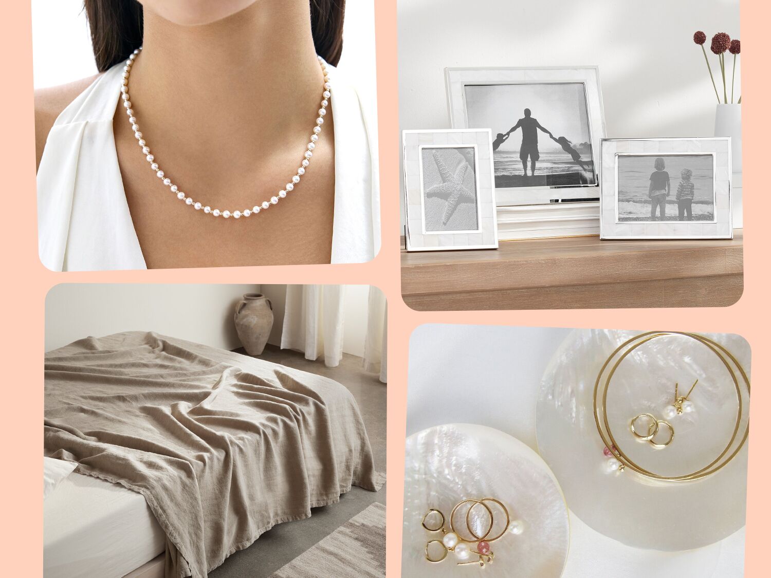 12-year anniversary gift ideas: pearl necklace, photo frames, pearl ring dish, linen blanket