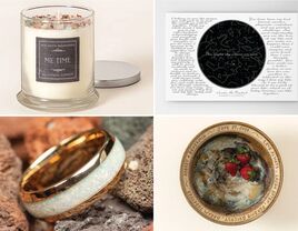 Four 34th anniversary gifts: candle, custom star map, opal ring, and personalized bowl