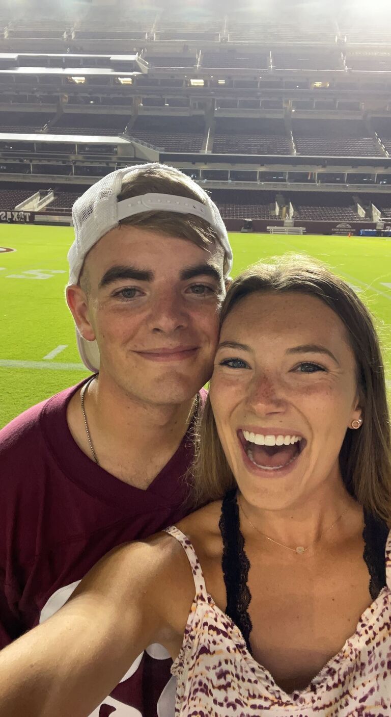 Our first Midnight Yell together and the night we started dating. It was also Caroline's first time on the turf at Kyle field (still in awe). We "talked" all summer long, throughout a summer camp job and Air Force field training!
