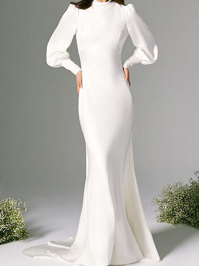 White Satin Gown - Long Sleeve Gown - Long Sleeve Bridal Dress - Lulus