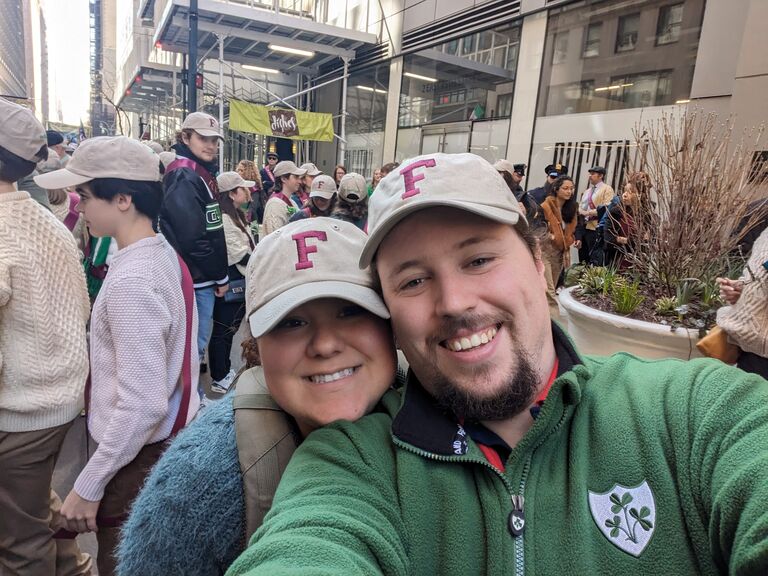 St. Patrick's Day Parade walking with John's alma mater, Fordham University