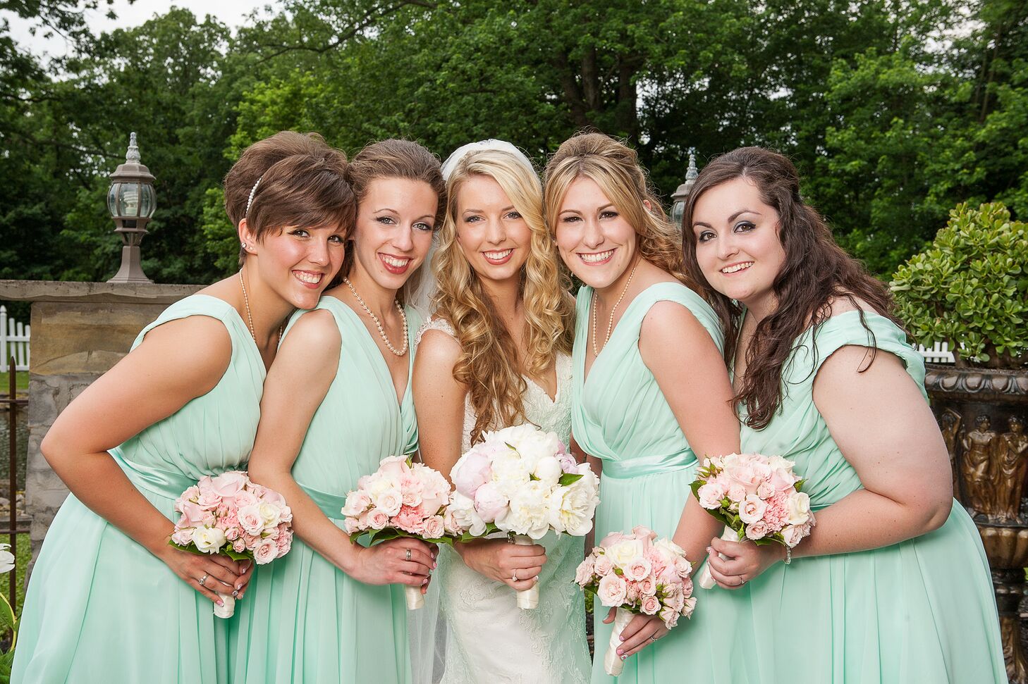 Mint Bridesmaid Dresses And Pink Bouquets