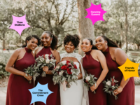 Bride and bridesmaids surrounded by bridesmaid group chat names