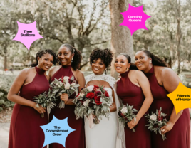 Bride and bridesmaids surrounded by bridesmaid group chat names