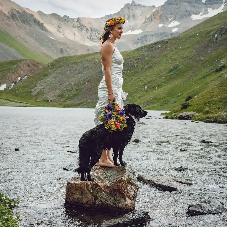 Outdoor fall wedding photos of bride with dog