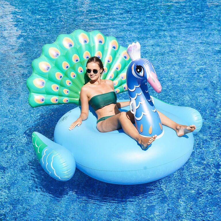 Peacock shaped pool float from Amazon. 
