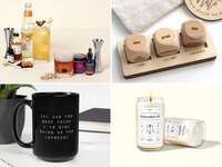 Four new relationship gifts: cocktail kit, wooden dinner dice, birth date candle, funny mug
