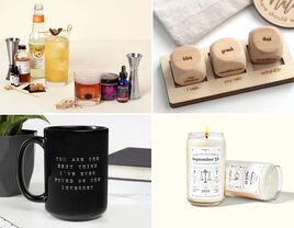 Four new relationship gifts: cocktail kit, wooden dinner dice, birth date candle, funny mug