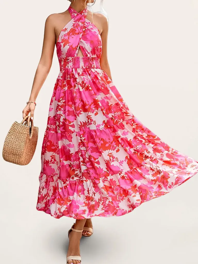 crisscross halter pink floral print dress