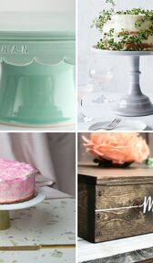Collage de cuatro soportes de pasteles de boda únicos y clásicos