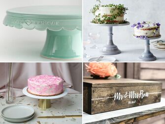 Collage of four unique and classic wedding cake stands