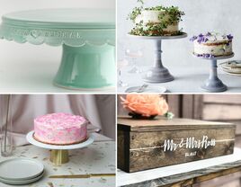 Collage of four unique and classic wedding cake stands