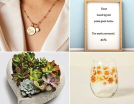 Four 46th anniversary gifts: daffodil necklace, framed unique poem, daffodil glass, heart-shaped succulent garden