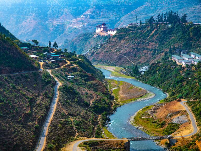 Panoramic view of Phodrang Dzong and Punak Tsang Chhu river in Bhutan