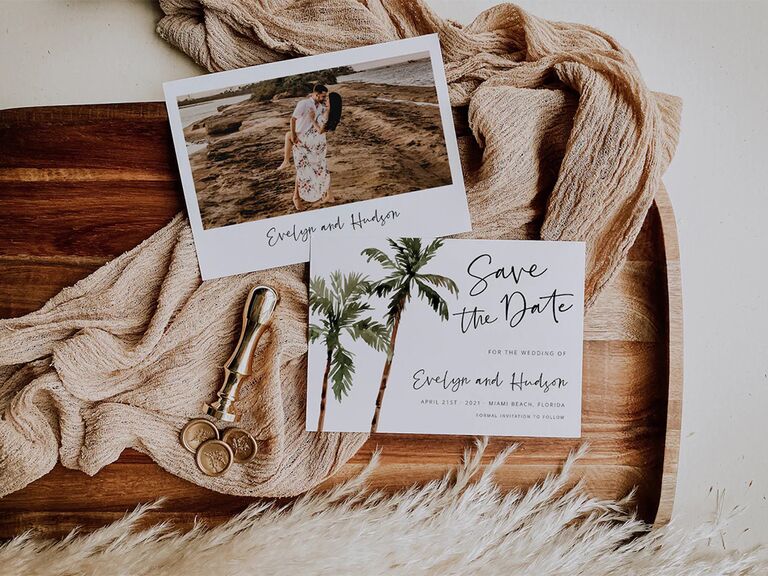 Palm tree graphics with 'Save the Date' in black script and personalized photo