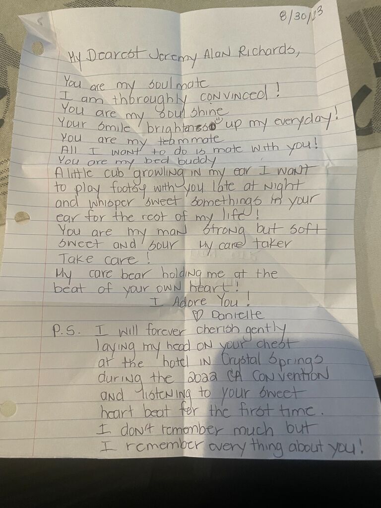 Danielle loves to write Jeremy love letters. 💌 Some are silly, some are short, and some are even hidden in his socks for him to find. 🧦 Each note is a small token of her affection, a reminder of their bond and the joy they share. 💕 These love letters have become a cherished tradition, adding a touch of playfulness and romance to their everyday lives. ✨