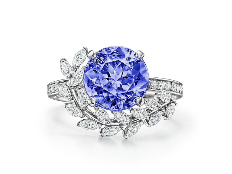 tiffany and co. round tanzanite engagement ring with marquise diamonds and round diamond band