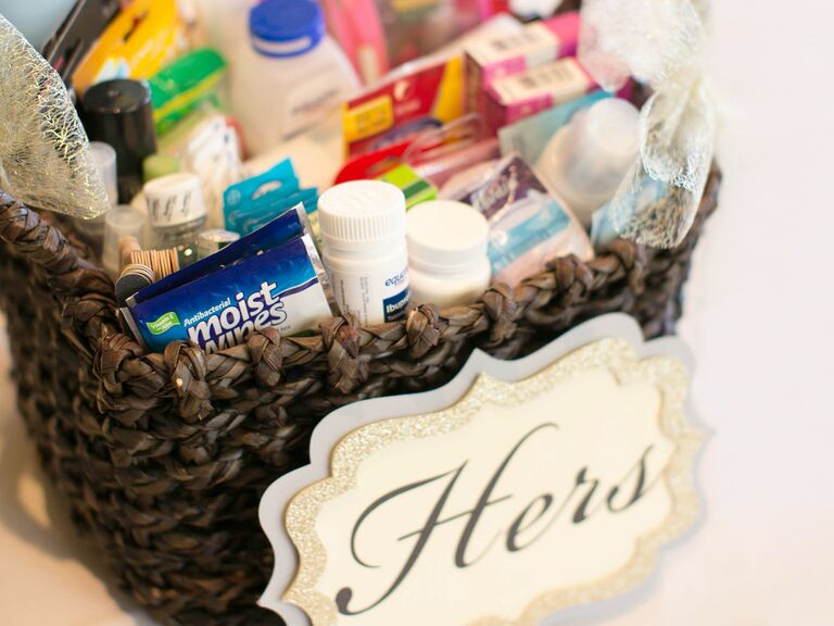 Wicker Basket Filled With Bathroom Amenities For Women At Wedding