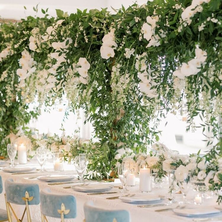 tablescape with canopy of stock and greenery