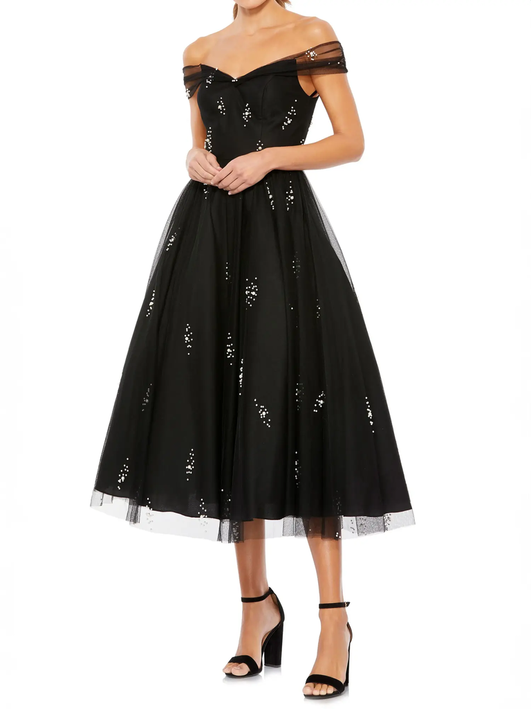 Black off the shoulder beaded grandmother of the bride midi dress from Mac Duggal