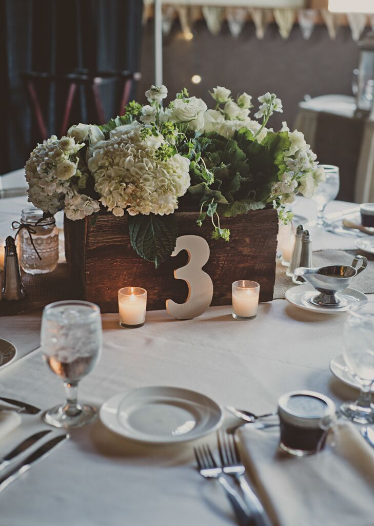 White Hydrangea Centerpieces with Repurposed Barn Wood ...