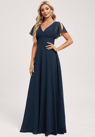 This bridesmaid dress is a timeless piece crafted from soft chiffon. It features a delicate V-neckline with flutter sleeves that add a touch of romance. The flattering ruched bodice complements every figure, while the elegant A-line skirt drapes beautifully, creating effortless sophistication for any occasion.