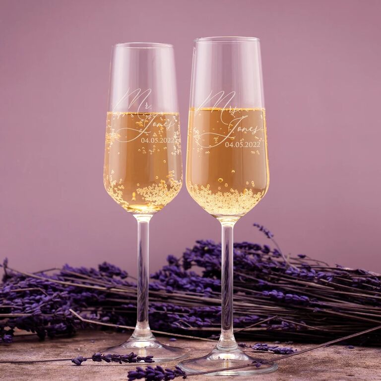 Radiant Rose Gold Etched Wedding Champagne Flute Set