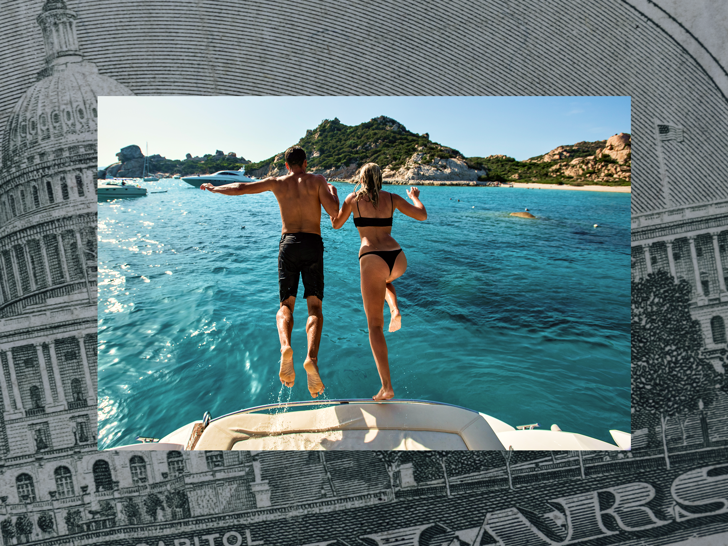 Couple on honeymoon jumping into the sea 