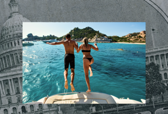 Couple on honeymoon jumping into the sea 