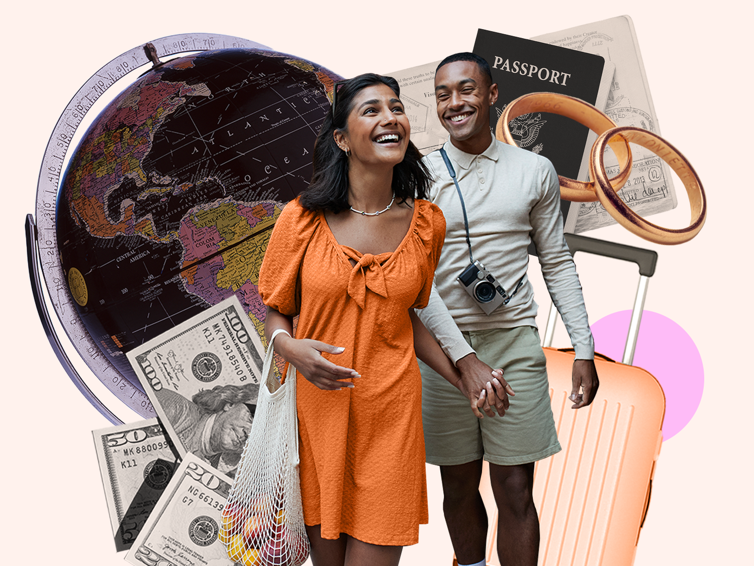 couple destination wedding guests entering destination global travel currency suitcase passports and rings