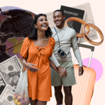 couple destination wedding guests entering destination global travel currency suitcase passports and rings