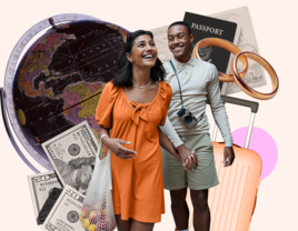 couple destination wedding guests entering destination global travel currency suitcase passports and rings