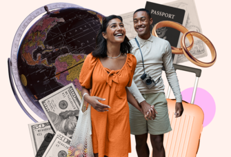couple destination wedding guests entering destination global travel currency suitcase passports and rings