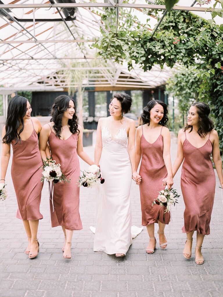 red and champagne bridesmaid dresses