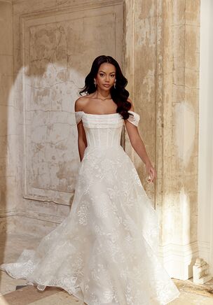 A-Line Printed Organza Dress with  Neckline & Exposed Boning