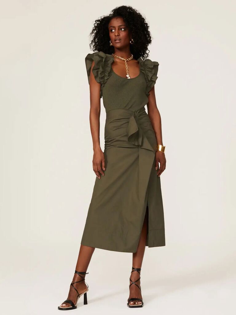 Ulla Johnson fall wedding guest dress from Rent the Runway with ruffled shoulders