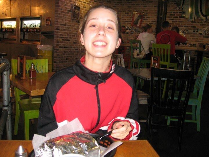 We meet at the rec center in college, both staring through the window at the lap pool. Apparently there was an SMU swim team meet that day, so our swimming plans were foiled.

Lucas thought Kimberly swam for SMU  (nope) because she was wearing this spiffy red jacket. She was still cool tho. They became friends. 