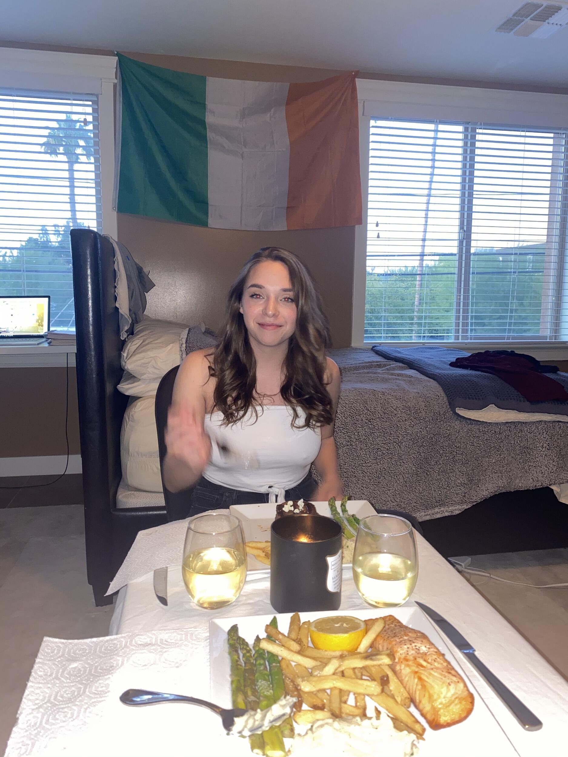 McKenzie was visiting me in Phoenix during March of 2020 when the COVID-19 pandemic began. McKenzie's flight was cancelled, and she decided to stay in Phoenix for "two weeks" (spoiler alert: this turned out to be a lot longer). This is a photo of us having a "date" in my bedroom.