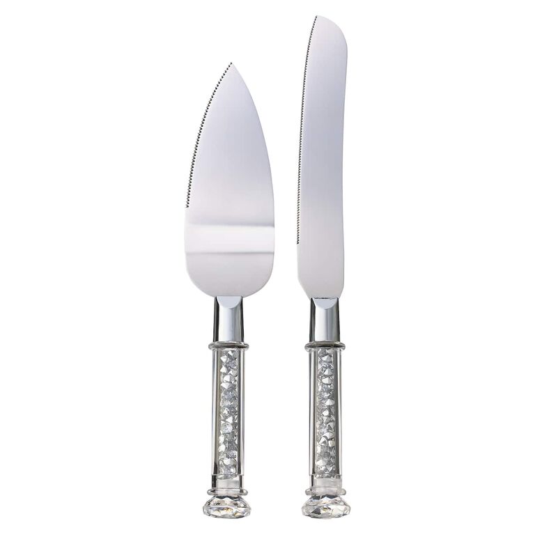 Silver and Clear Cake Knife and Server Set with Crystal Handles